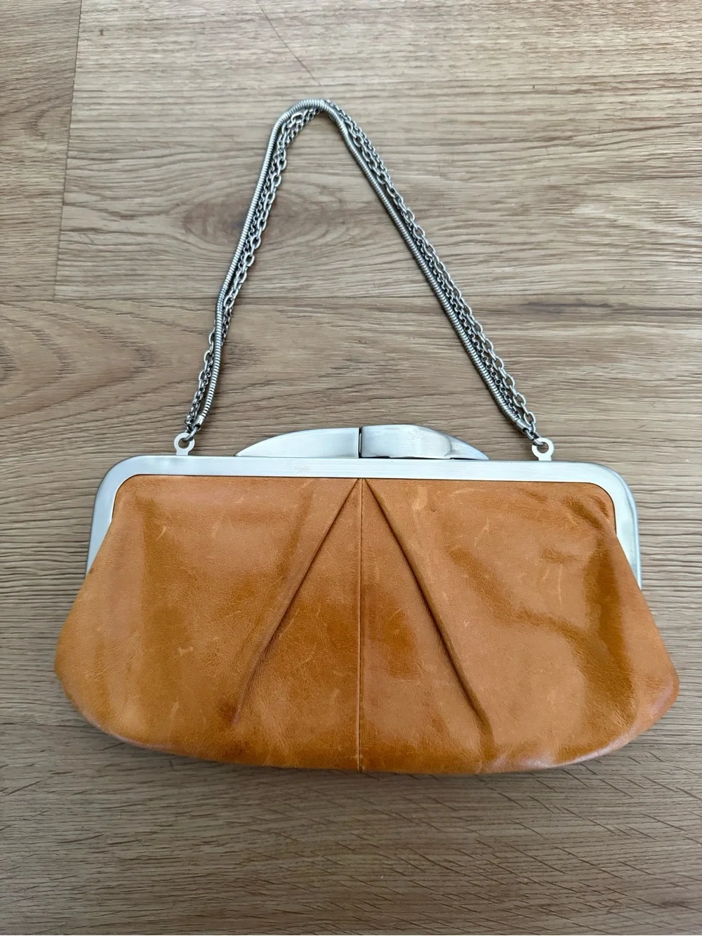 Hobo Hayward Brown Leather Chain Strap Kisslock Clutch Shoulder Bag Purse